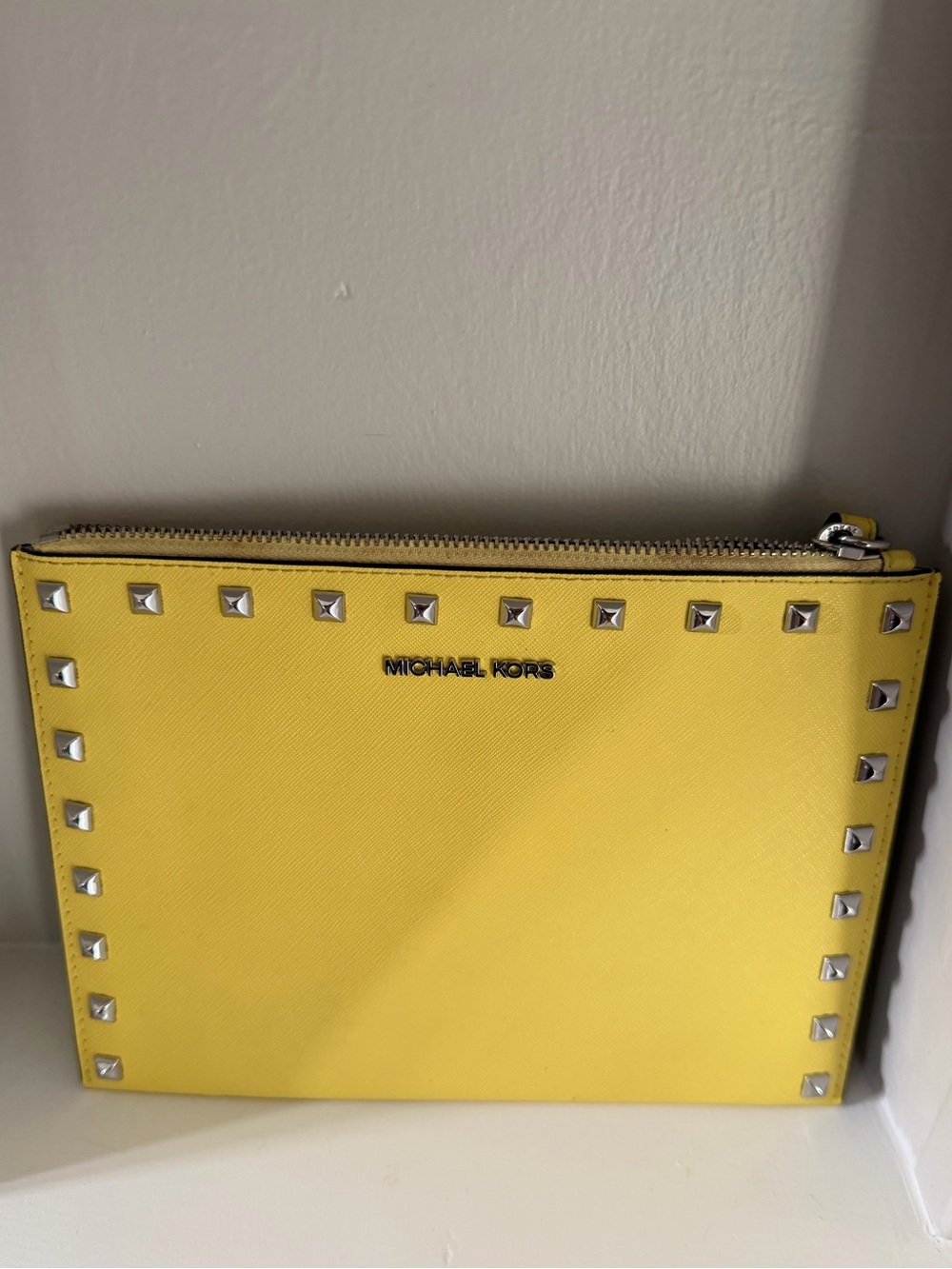 Michael Kors Studded Saffiano Leather Wristlet Clutch Yellow